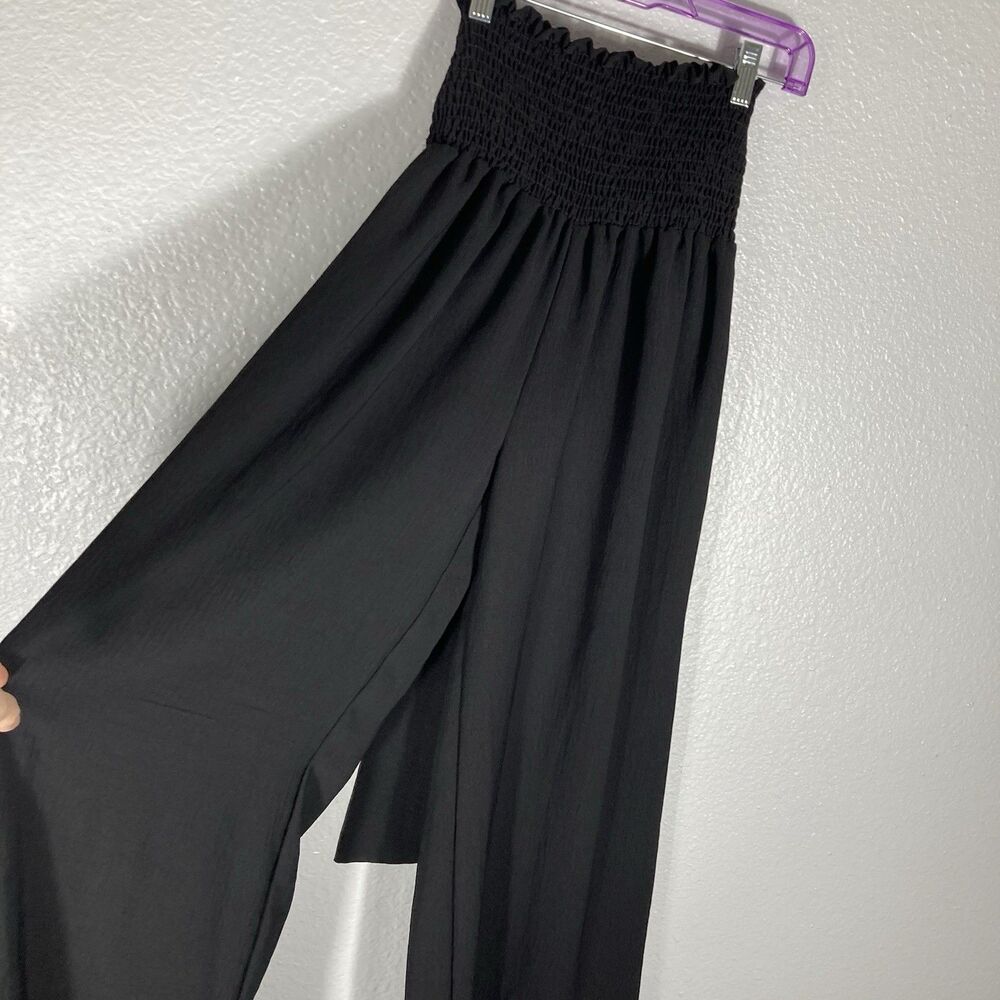 Womens Jumpsuit Strapless Halter Smocked Size M Black Tie Waist Wide Leg Flowy - Picture 7 of 11